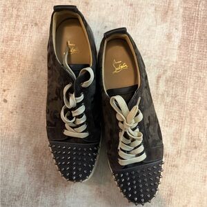 Christian Louboutin Black and Olive Camouflage Spiked Low-Top Sneakers